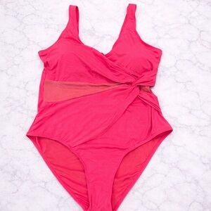 White Birch Hot Pink One Piece Swimsuit 1X Ruched Wrap Front NWOT